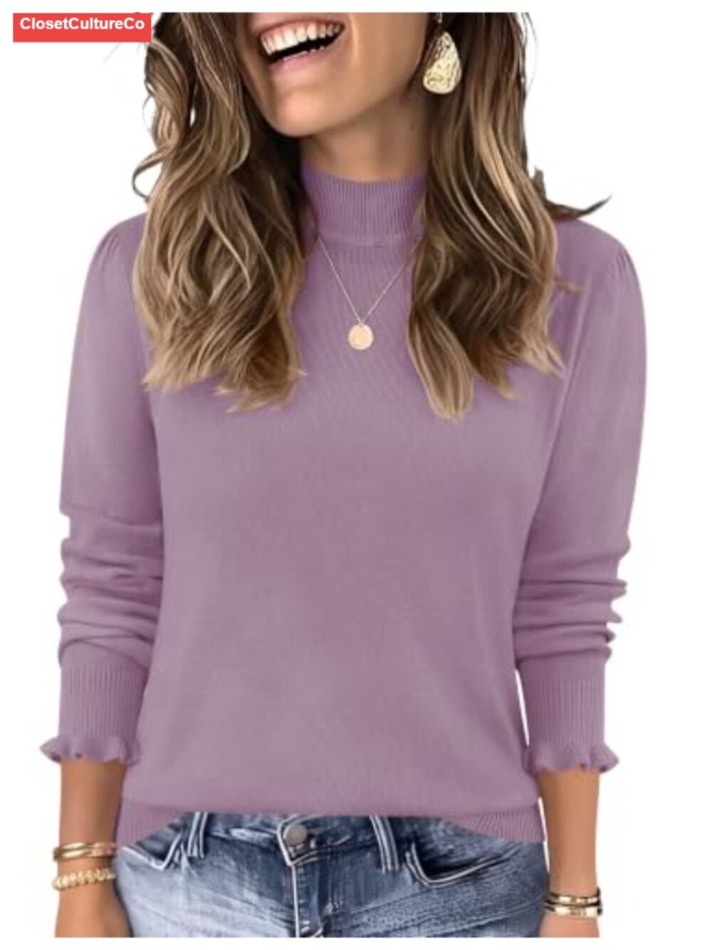 Wool Blend Mock Neck Knit Pullover Sweater Long Sleeve Ruffled Cuffs